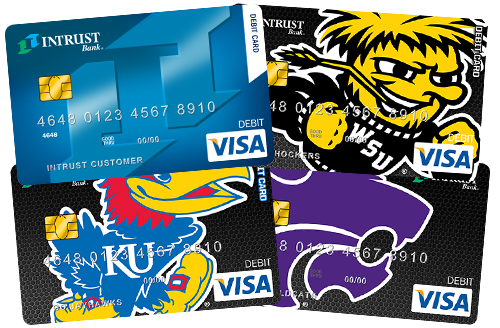 The INTRUST Visa Debit Card in exclusive Shocker, Jayhawk, and Wildcat designs.