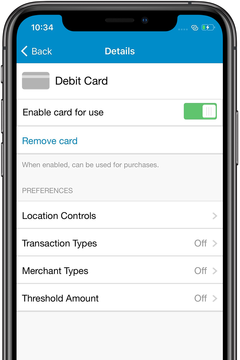 Screenshot of card controls feature in INTRUST Mobile Banking on an iPhone